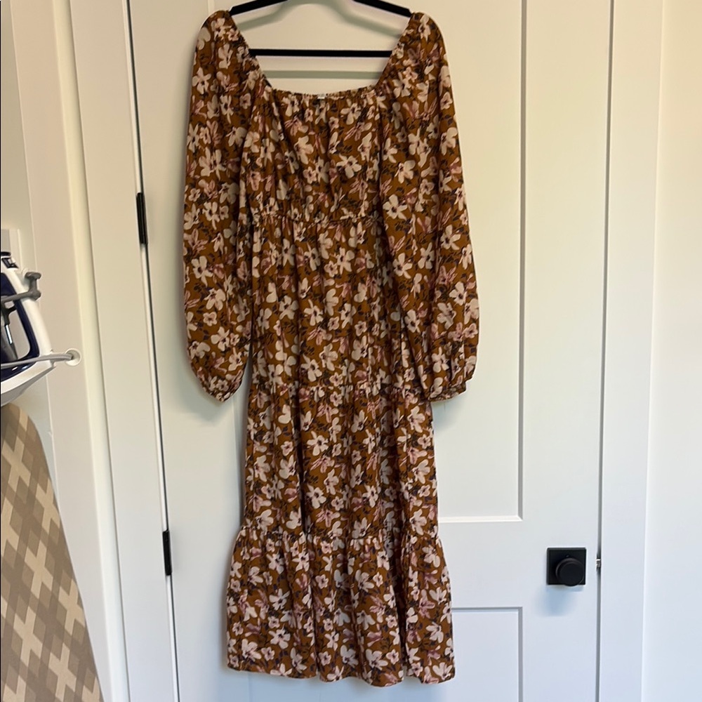 Hayden Brown & Cream Floral Bishop Sleeve Sundress, S